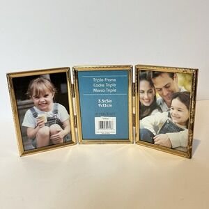 VTG Gold‎ Metal Trifold Double Photo Frame 3.5"x5" Freestanding Hinged MCM 80s